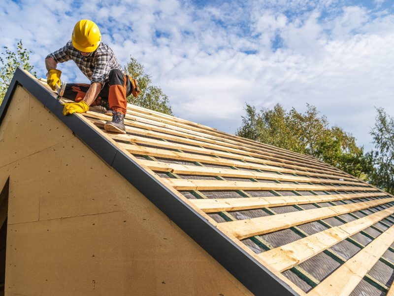 Professional Caucasian Construction Worker Wearing Hard Hat Assembling Roof Wooden Elements